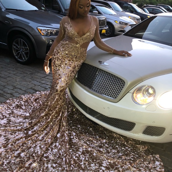 PROM DRESS GOLD AND ROSE GOLD LONG SLEEVE MESH - Picture 3 of 8